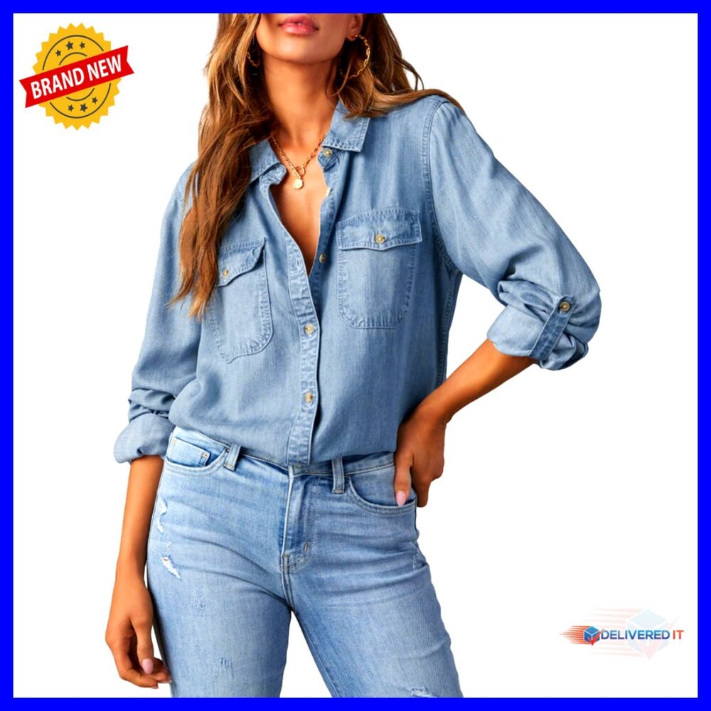 Denim Button Down Shirt Classic Chic Casual Long Sleeve V Neck Blouse Top